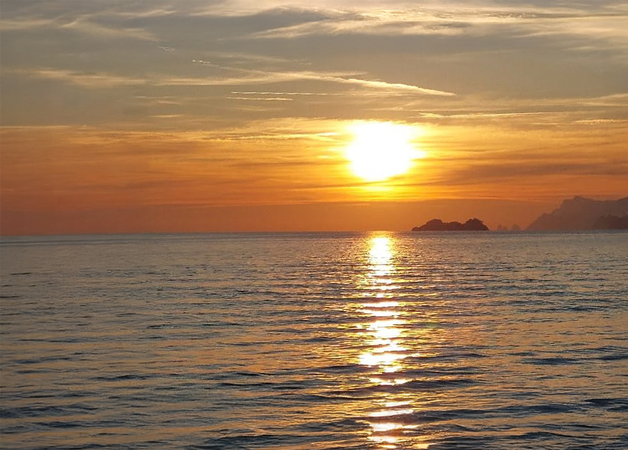 Sunset over the Amalfi Coast seen from La Gavitella, Praiano